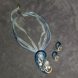 Blue paisley enamel necklace and earrings